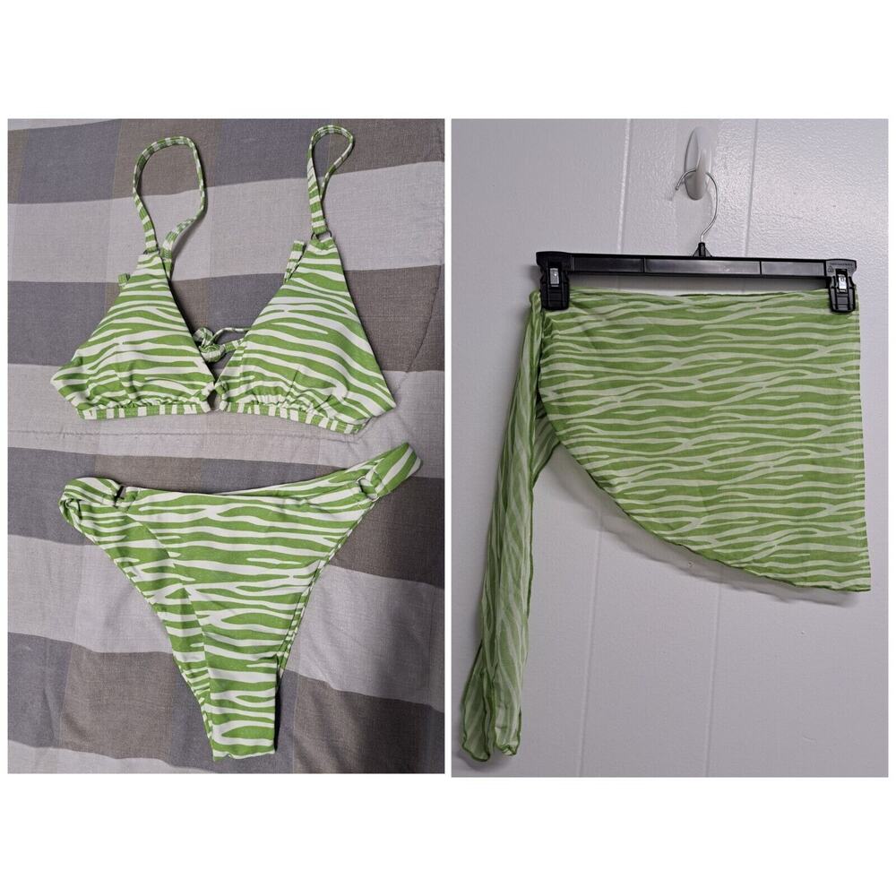 Soly Hux 3 Piece Swimsuits Triangle Bikini with Mesh‎ Beach skirt Green Size S